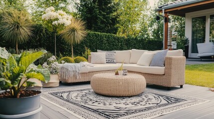 Fototapeta premium Cozy Outdoor Living Space with Lounge Sofa and Greenery for Relaxation in Garden Setting