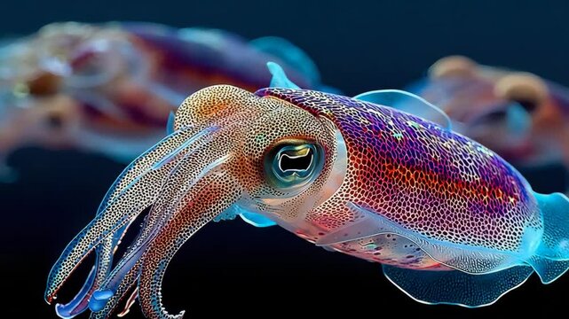 Reef squid group moving together with soft bioluminescent glow and clear marine depth