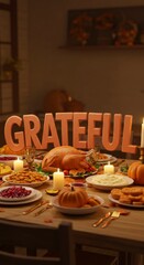 Thanksgiving feast with grateful message surrounded by seasonal decor and candlelit ambiance