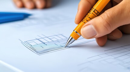 Hand Holding Orange Pen Drawing Architectural Layout on Blueprint Paper with Blue Pens in Background