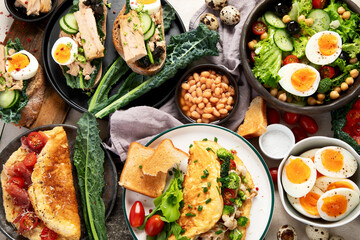 Breakfast food concept. Various ways of cooking chicken eggs.