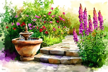 Serene Garden Path with Fountain and Flowers: Watercolor Painting