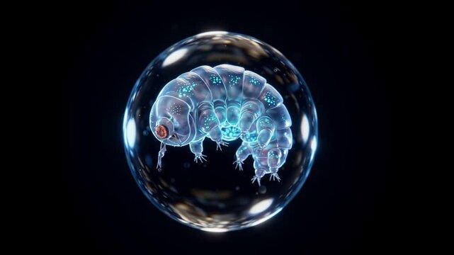 Microscopic  tardigrade, with translucent skin and glowing bioluminescence, floating in a water droplet