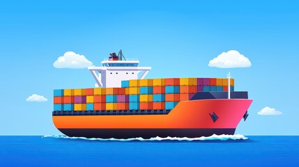 Colorful container ship sailing through calm waters with a clear blue sky and soft clouds in a vibrant illustration