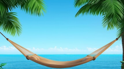 Relaxing Hammock Between Tropical Palm Trees Overlooking Bright Blue Ocean Under Clear Sky