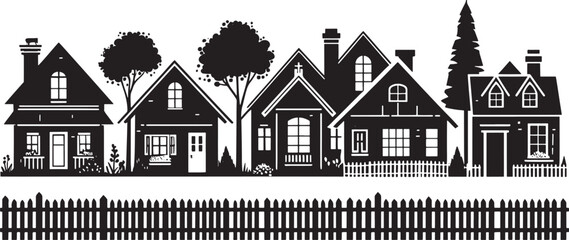 Black Silhouette Vector of a Cozy Suburban Neighborhood – Clean, Minimal Clipart Design