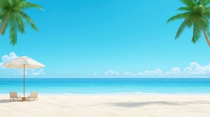 Tranquil beach scene with clear blue sky, white sand, swaying palm trees, and a cozy lounge area under a sun umbrella