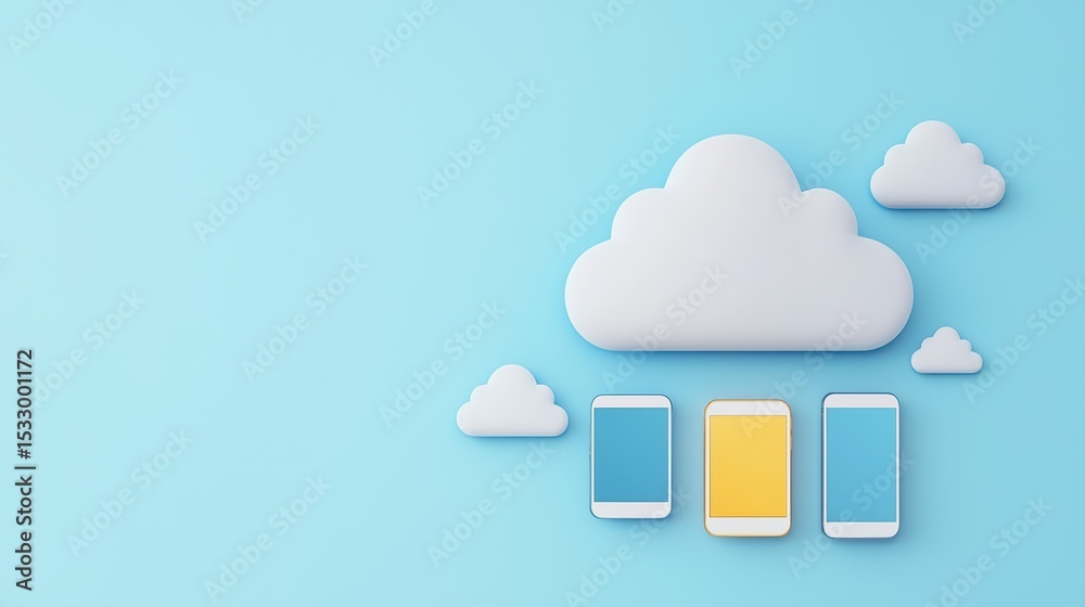 Poster cloud computing concept with mobile devices illustrating data storage and technology integration aga