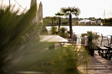 Quiet lakeside terrace surrounded by tropical trees offering a peaceful ambiance