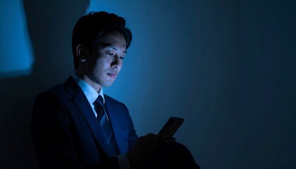 A focused man in a dark environment uses a smartphone, his face illuminated by its glow. The scene captures the intensity of modern life and digital connection