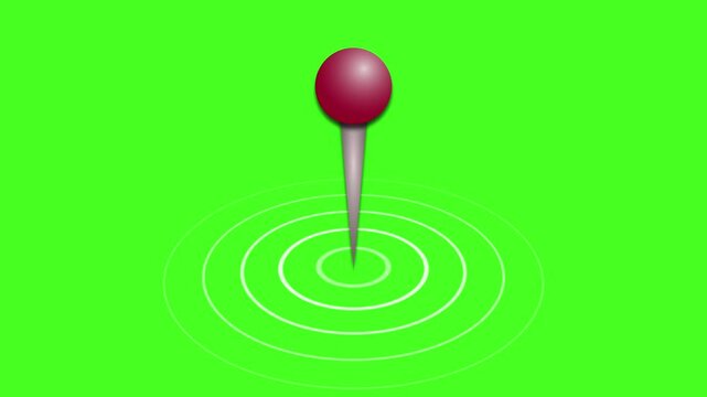 Map pushpin indicator with a red pinhead pops up from an animated pinging radar with a 3D appearance before disappearing at the end for use on maps, charts and location devices, with green screen 4K