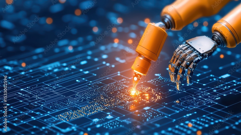 Poster robotic arm engaging in precision laser etching on circuit board background with glowing data points
