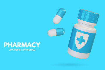 Pharmacy poster, banner with 3d Realistic Pharmaceutical Bottle and capsule pill tablet. Advertising for hospital or pharmaceutical company. Sign for pharmacy. Vector illustration