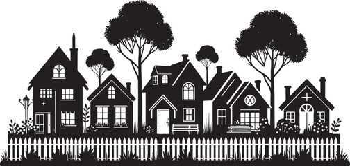 Black Silhouette Vector of a Cozy Suburban Neighborhood – Clean, Minimal Clipart Design