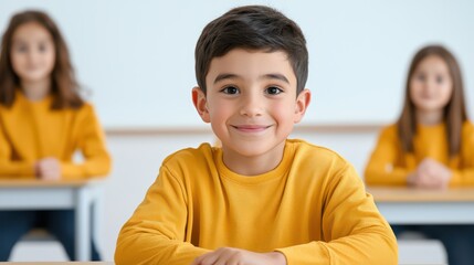 Happy schoolboy with brown hair in bright classroom setting, smiling and ready to learn with classmates in background