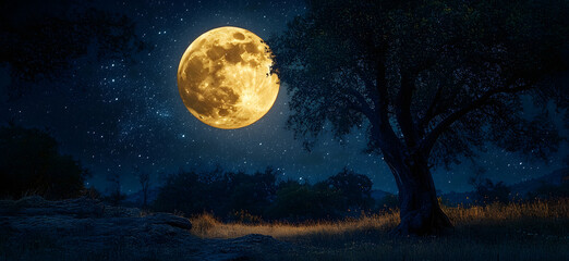 Majestic full moon illuminating serene night landscape with ancient trees and starry sky