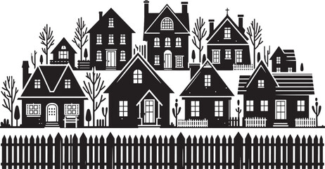 Black Silhouette Vector of a Cozy Suburban Neighborhood – Clean, Minimal Clipart Design