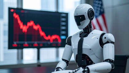 An advanced android robot with a sleek, modern design observes a stock market chart indicating decline. The robot sits in a contemporary office setting.