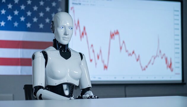 A robotic female analyzing financial data in front of an American flag. The scene portrays artificial intelligence, technology, and futuristic concepts - Powered by Adobe