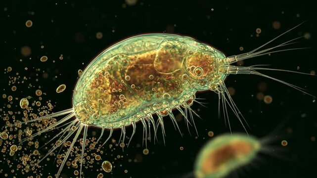 3D animation: Colorful ostracod (seed shrimp) in green, particle-rich water. Detailed bivalve carapace, setae, internal structures. Microscopic aquatic life.