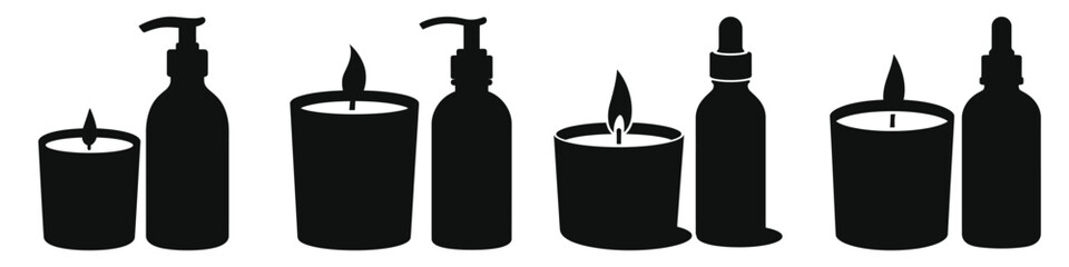 Candle and aromatherapy bottle, Mental Health and Self Care. This image features a collection of simple black silhouettes of candles, dispensers, and essential oil droppers.