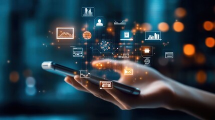 Hand holding phone with digital icons