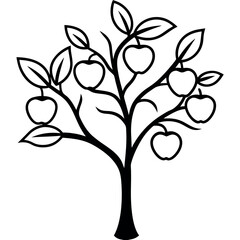 Black and White Stylized Peach Tree with Apples and Leaves