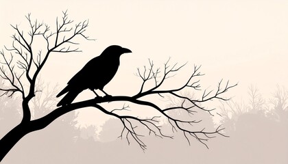 Fototapeta premium A silhouette of a raven perched on a tree branch against a soft background, creating a stark contrast