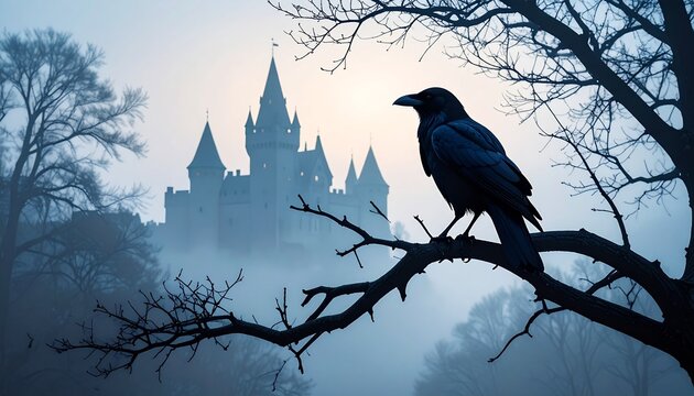 A dark and mysterious scene unfolds with a crow perched on a bare tree branch, silhouetted against a castle bathed in an eerie fog. The atmosphere is evocative of a Gothic tale