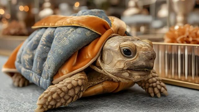 Tortoise with a mini satin cloak near party props and reflective surfaces in a warmly decorated room