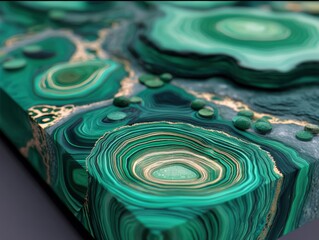 Abstract artwork features layered patterns with swirling turquoise, teal, and green hues resembling geological formations. Textures and circular shapes add depth and complexity