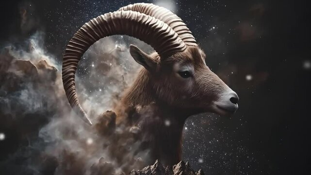 Cosmic ram head, swirling nebulae,  rocky backdrop,  astral