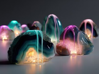 Colorful, translucent stones glow with vibrant LED lights, featuring hues of teal, pink, and purple. The stones appear as sliced agates with a mysterious, ethereal ambiance