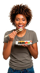 Happy woman savoring sushi, a delightful Japanese meal with a big smile.