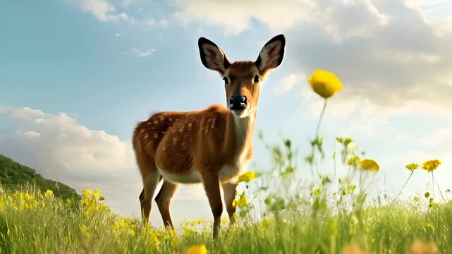 A cute deer  in a meadow filled with beautiful wildflowers. 