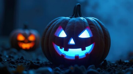 A lit up pumpkin sitting in the middle of a field, suitable for autumn or Halloween themed projects. - Powered by Adobe