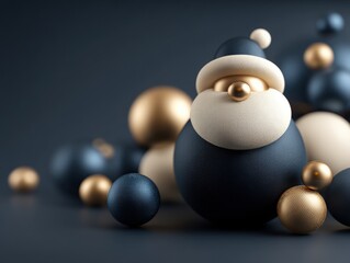 Santa Claus figure composed of glossy, textured spheres in dark blue and gold with a minimalist design. Scattered around are various-sized spheres in matching colors, enhancing the theme