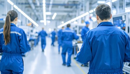 Factory workers in blue uniforms walking through a modern factory. The image shows a bustling industrial setting with multiple workers visible in the background.