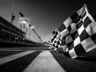 Checkered flags line a racetrack in striking black and white. The flags and track details create a dynamic perspective with the blurred background, conveying speed and anticipation