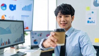 A friendly office worker offering a cup of coffee with data display behind