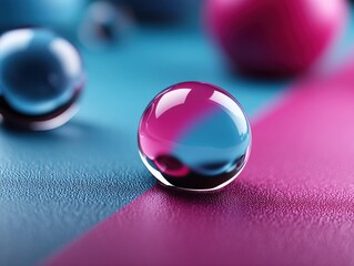 A glossy, transparent sphere displaying bluish and pinkish hues rests gracefully at the intersection of teal and magenta surfaces, creating a vibrant, textured visual contrast