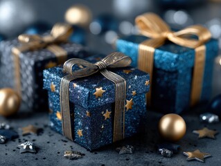 Sparkling blue and gold gift boxes adorned with stars and ribbons are surrounded by metallic ornaments on a festive surface, creating an elegant and celebratory atmosphere