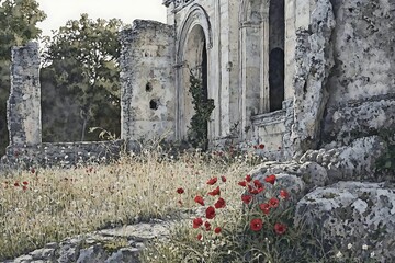 Crumbling Stone Ruins with Wild Poppies