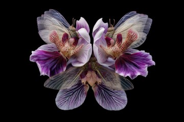 Butterflies with transparent wings and vibrant pink and purple floral patterns form a symmetrical, artistic arrangement. Complex details and vivid colors create a captivating visual effect