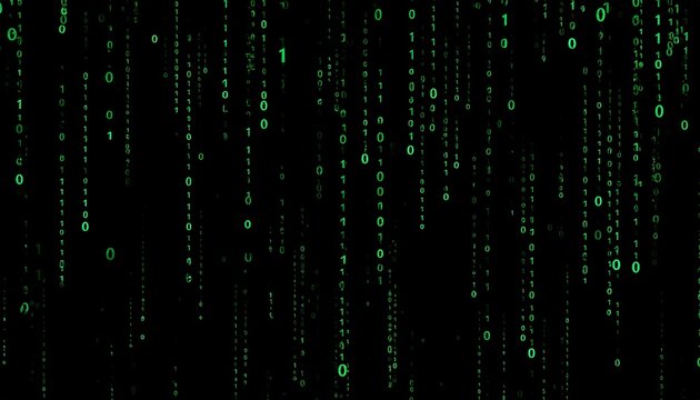Abstract digital rain of binary code against a dark background. The cascading numbers and symbols evoke a sense of technology and data