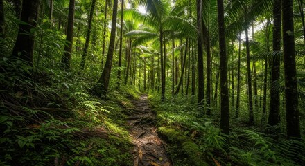 Obraz premium Lush Rainforest Trail - Serene path winding through a dense, vibrant rainforest. Sunlight filters through the canopy, illuminating the lush green foliage and earthy trail