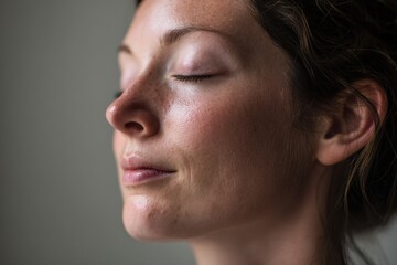 Obraz premium A serene close-up of a person with closed eyes, showing a peaceful expression and natural skin texture. Soft lighting highlights freckles and gentle facial contours