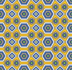 Blue and Yellow Floral Geometric Seamless Repeat