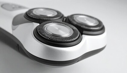 Close-up shot of a modern electric shaver against a smooth backdrop, showcasing its metallic design. The image emphasizes its clean, sleek aesthetic and functional design
