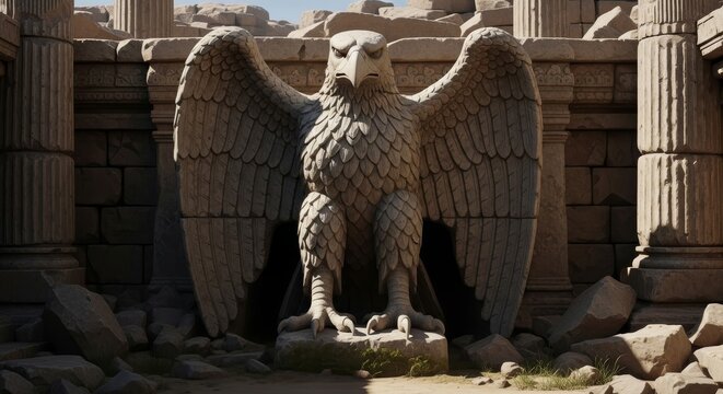 Majestic Eagle Stone Sculpture in Ancient Ruins - A majestic stone eagle statue stands proudly amidst the ruins of an ancient civilization, a symbol of power and endurance